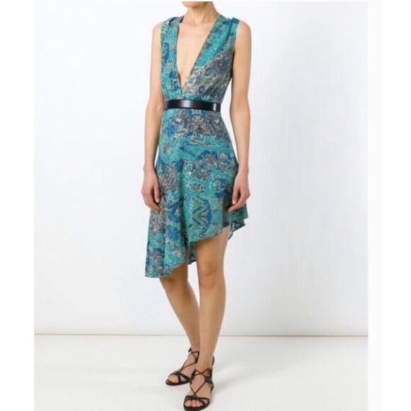 Zadig & Voltaire Small Asymmetrical Dress Sleeveless Deep V-Neck Teal Abstract - Picture 2 of 11